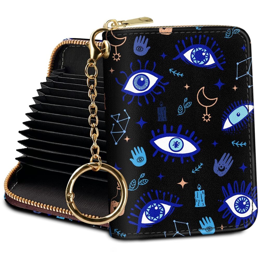 1339 RFID Wallet Credit Card Holder, Evil Eyes Small Wallet with Keychain